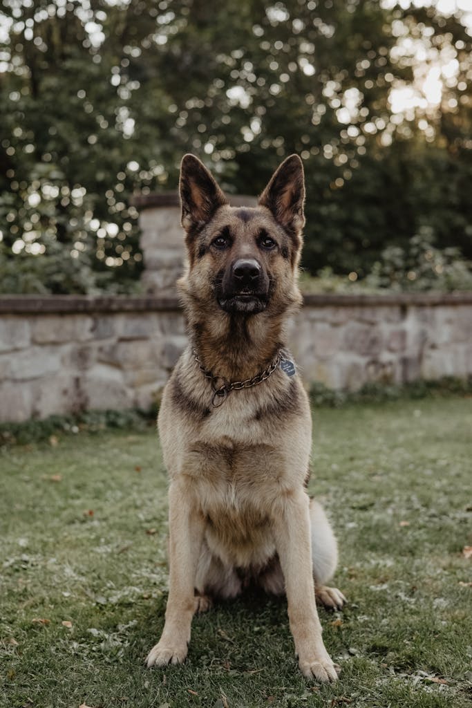 German Shepherd dog sitting on grass with a stone wall backdrop.
